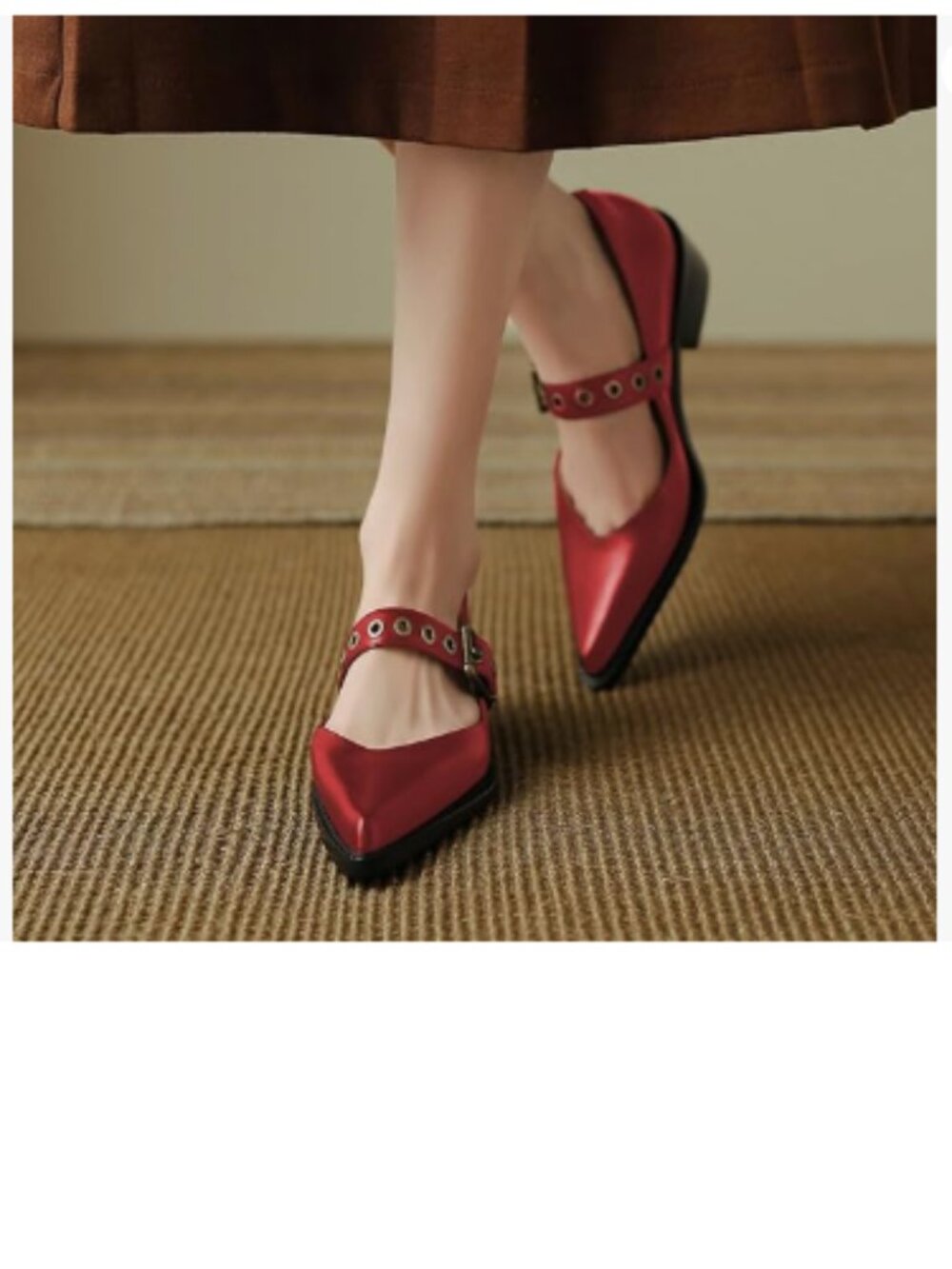 YDN Red Pumps Pointed Toe Mary Jane Chunky Heels Loafers Hollow Buckle Shoes